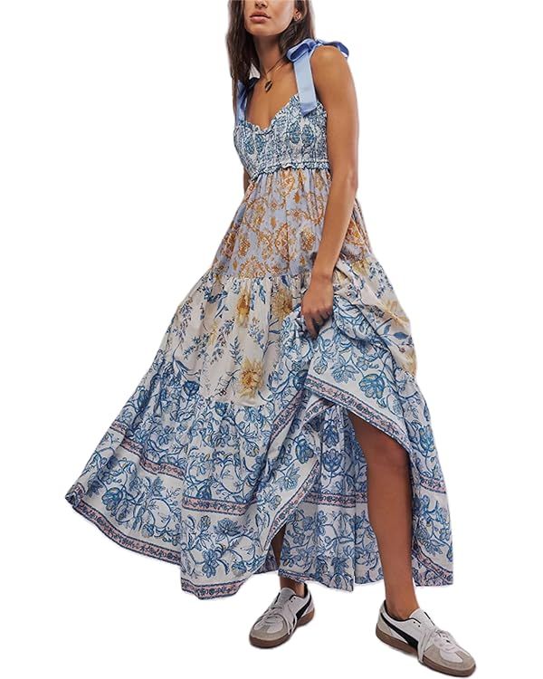 Women Summer Boho Dress Flowy Sundress Floral Printing Sleeveless Tie Shoulder Maxi Dress Y2k Bea... | Amazon (US)