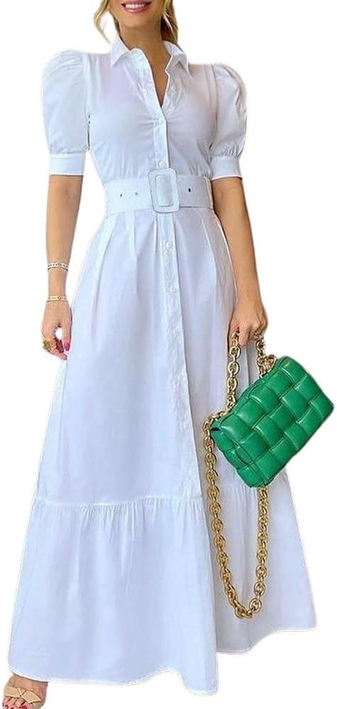 utcoco Womens Striped Button Down Shirt Dress Casual Puff Short Sleeve Ruffle Hem Maxi Dresses wi... | Amazon (US)