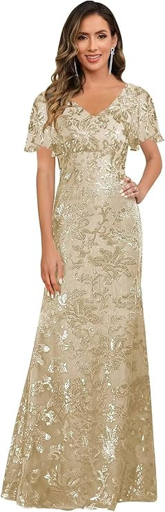 Mollyevers V Neck Mother of The Bride Dresses for Women Short Sleeve Long Sequin Lace Evening For... | Amazon (US)