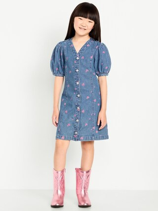 Printed Short-Sleeve Fit and Flare Jean Dress for Girls | Old Navy (CA)