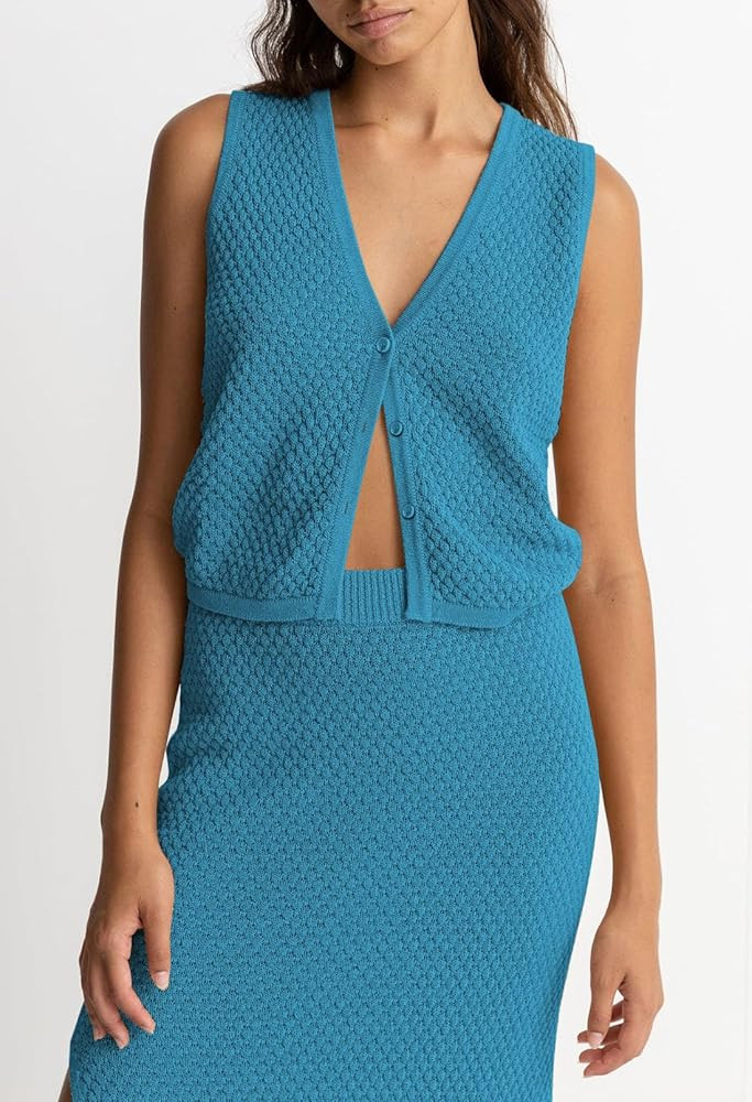 Pink Queen Women's Summer 2 Piece Outfit Set V Neck Button Crop Tank Top Vest Bodycon Maxi Long S... | Amazon (US)