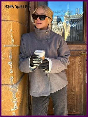 Fashion Women's Stand Collar Woolen Coats Long Sleeve Loose Female Short Coat | eBay US