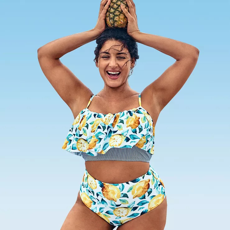 Women's Lemon Print Plus Size Bikini Set Ruffle High Waist Bathing Suit - Cupshe - White/Yellow | Target
