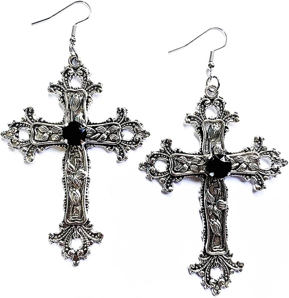 Gothic Cross Earrings Red Black Crystal Gemstone Cross Earrings Vintage Flower Pattern Big Cross ... | Amazon (US)