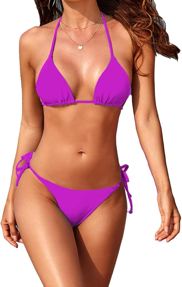 Tainehs Women's Sexy Halter Thong Bikini Tie Two Sides Bottom Triangle Bikini Swimsuits | Amazon (US)