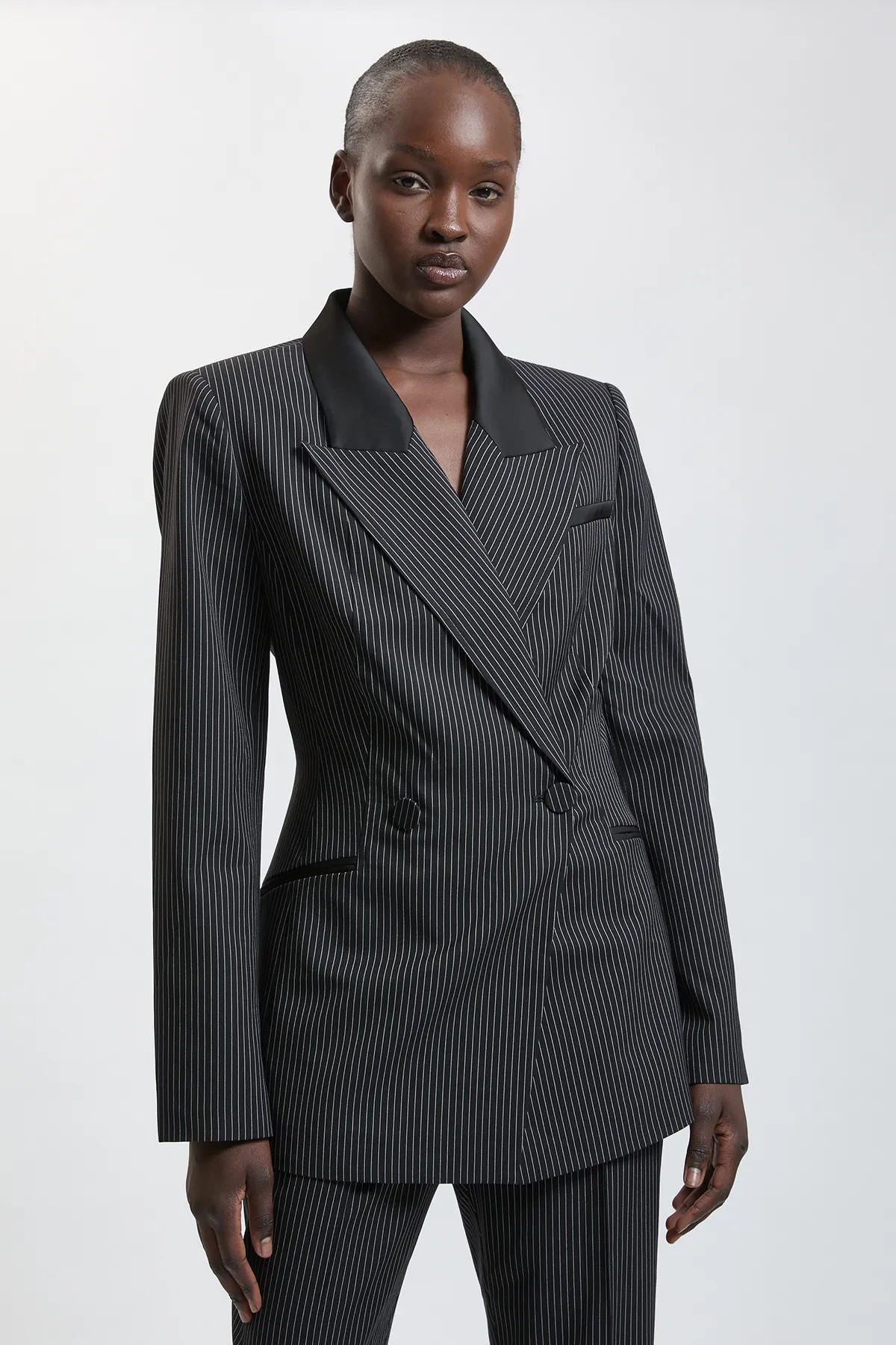 Pinstripe Satin Double Breasted Blazer | Karen Millen