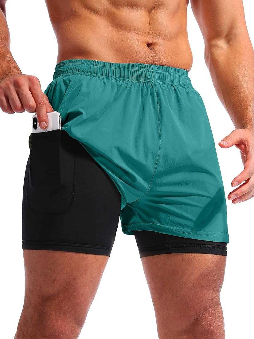Pudolla Men’s 2 in 1 Running Shorts 5" Quick Dry Gym Athletic Workout Shorts for Men with Phone... | Amazon (US)