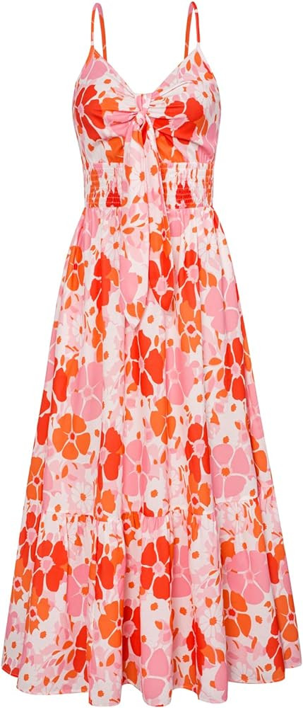 GRACE KARIN Women's 2024 Summer Beach Dress Floral V Neck Tie Front Spaghetti Strap Flowy Long Dr... | Amazon (US)