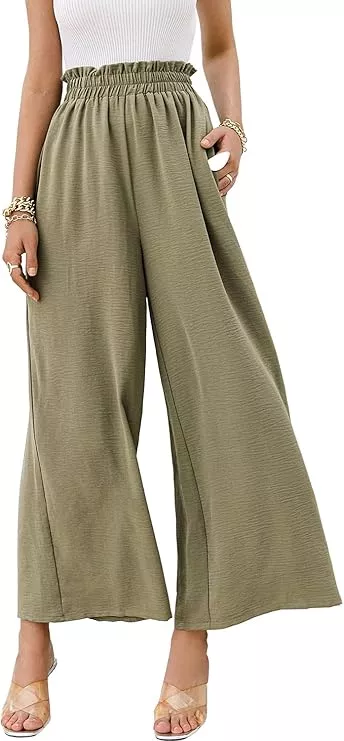 Eteviolet Boho High Waisted Pants for Women, Leoprad Wide Leg Flowy Pants(Black,XS)  at  Women's Clothing store