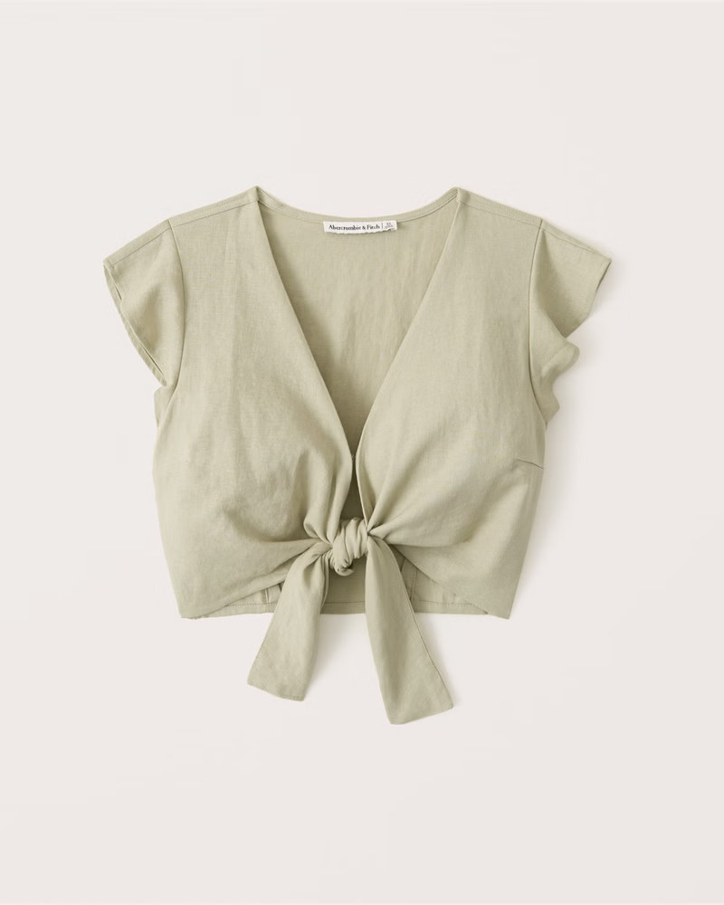 Tie-Front Linen Blend Ruffle Sleeve Top | Abercrombie & Fitch (US)