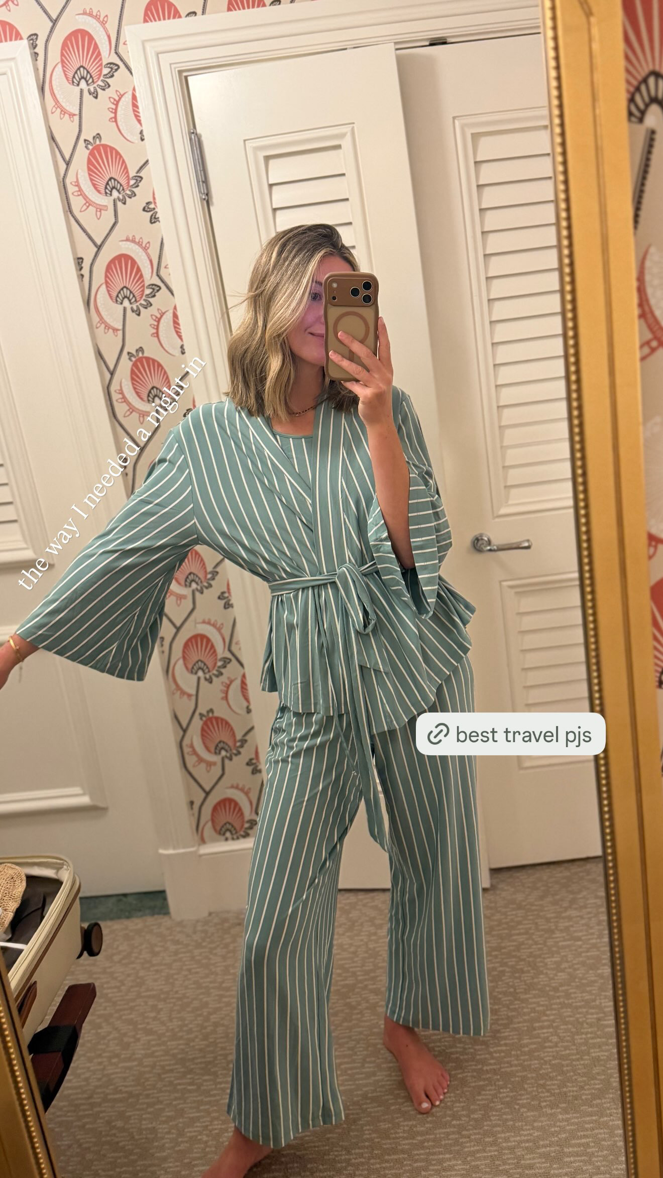the BEST travel pjs! this set is so soft, comfortable, and lightweight, and i love that it comes with the matching robe for hotel mornings + getting ready.

such a good one to pack for trips because it feels cute enough to lounge around in but still incredibly comfy for sleeping. definitely one of those travel essentials i reach for every time i pack! wearing a size small. 

 #LTKgrwm #LTKTravel