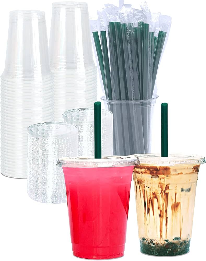 16 oz Clear Plastic Cups with Lids and STRAWS, Disposable Drinking Cups for Cold Drinks, Iced Cof... | Amazon (US)