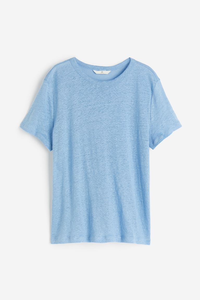 Linen top - Round neck - Short sleeve - Light blue - Ladies | H&M GB | H&M (UK, MY, IN, SG, PH, TW, HK)