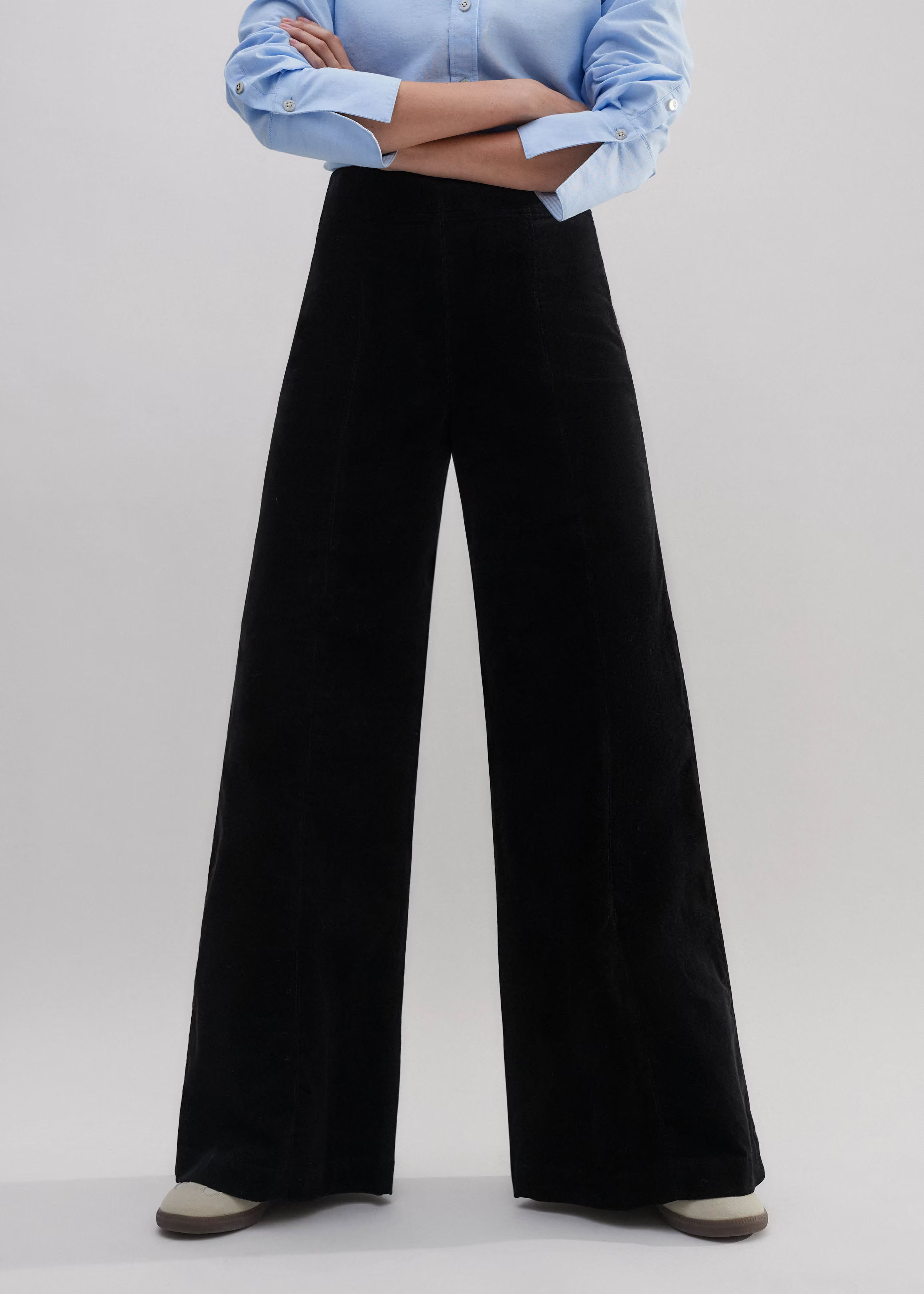 Women's Black Regular-Length Cord Travel Palazzo Pant | ME+EM | ME+EM US