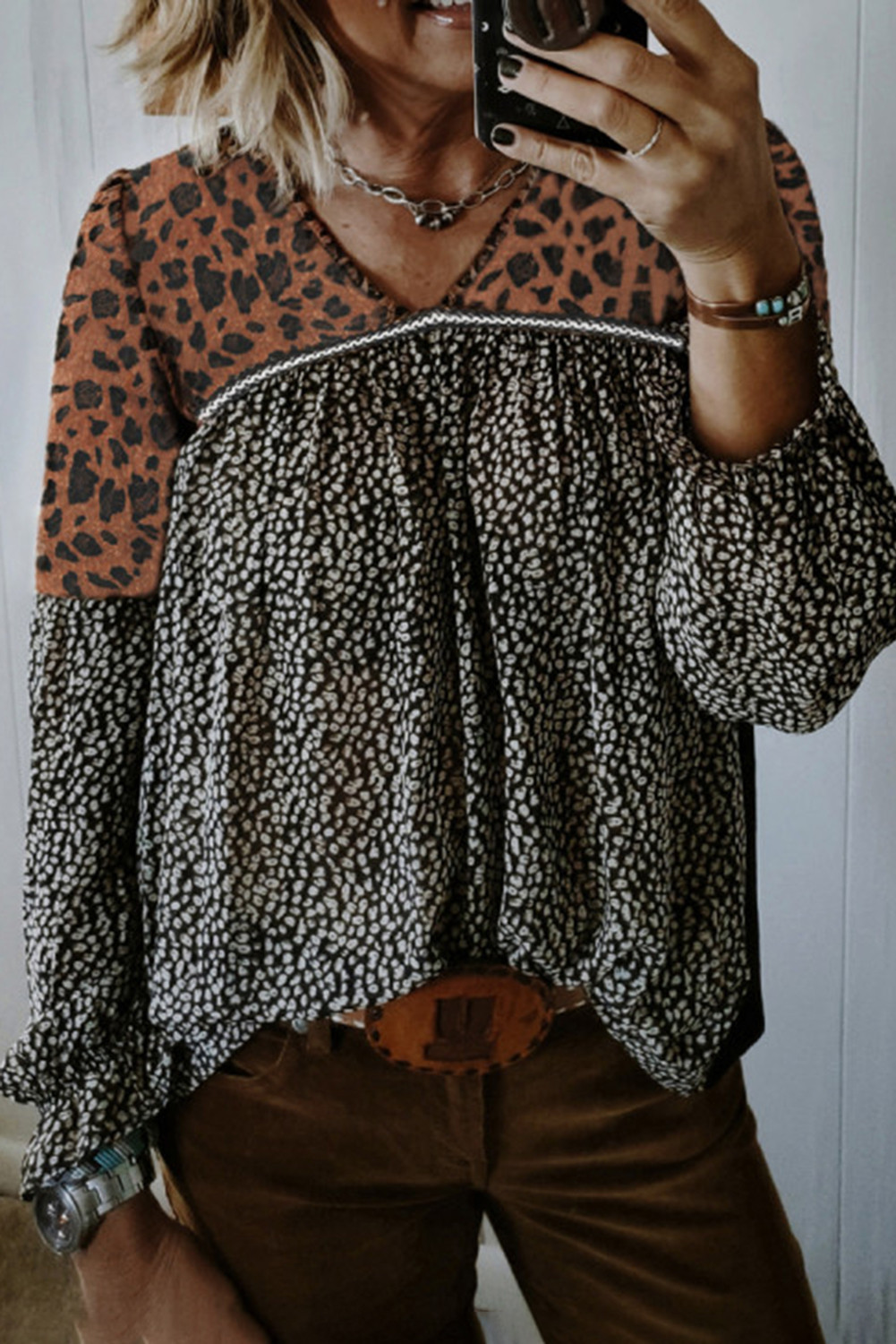 Cheetah Patchwork Pleated Long Sleeve Top | Shewin