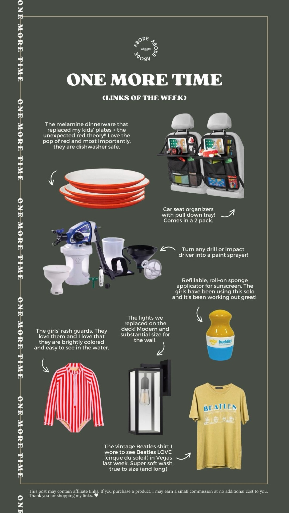 Links of the week! Our melamine plates, new cordless paint sprayer, car organizers, sunscreen applicator, kids rash guards, outdoor modern lighting, and my Beatles shirt.

#LTKKids #LTKFamily #LTKHome