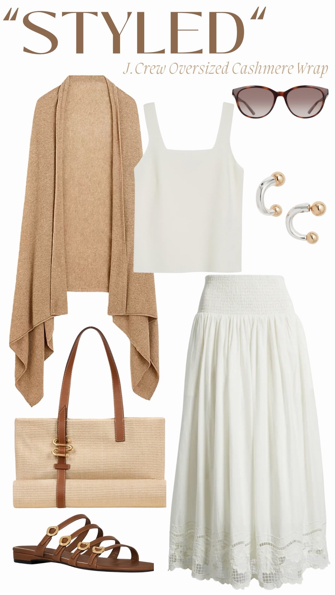 “Styled”
J.Crew Oversized Cashmere Wrap

Ivory Square Neck Crop Top: Reiss 
Eyelet Smocked Waist Skirt: Treasure & Bond
Cream Raffia Tote: Cult Gaia (Sandy Packable Tote)
Buckle Slide Sandal: Rebecca Minkoff
Brown Tortoise Round Sunglasses: Nike
Silver & Gold Earrings: Open Edit

#LTKSeasonal #LTKItBag #LTKOver40
