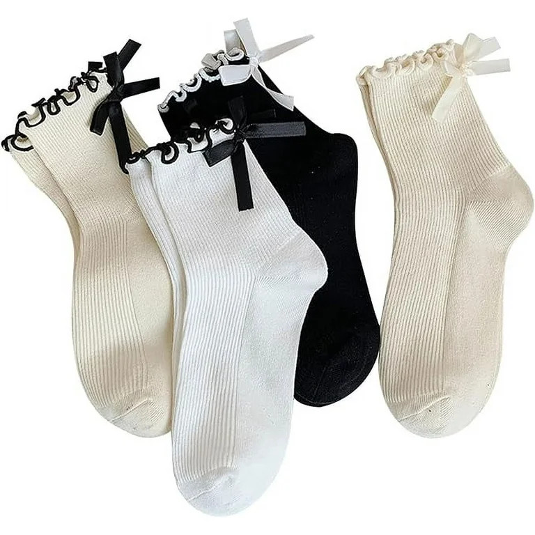 Nvzi Womens Bow Socks Ruffle Casual Crew Black Whitte Soft Breathable Cotton 4 Pairs Socks | Walmart (US)