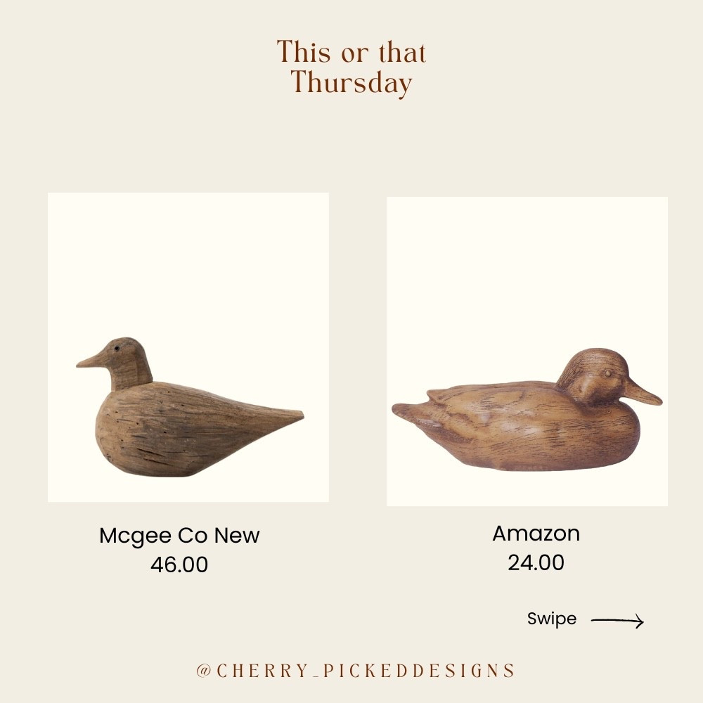 This or That Thursday bringing all the organic modern charm! ✨ This carved wooden duck from Amazon is a perfect dupe for the McGee & Co. version. 

A great way to add rustic texture and a touch of nature to your shelves or tabletops for half the price! 🦆 I like the Amazon option better. 

On "This or That Thursdays" I share amazing dupes I've personally found, and every single day I bring you affordable home decor that looks and feels high-end. Follow along so you don't miss out on the steals! 😉

 #OrganicModern #NeutralHome #HomeDecor #HomeDecorInspo #AmazonFinds #AmazonHome #AffordableDecor #DupeAlert #HighLowDesign #McGeeCo #WoodenDecor #ShelfStyling #RusticDecor #InteriorDesign #InteriorDecor #DecoratingOnABudget #DesignForLess

#LTKHome #LTKStyleTip #LTKFindsUnder50