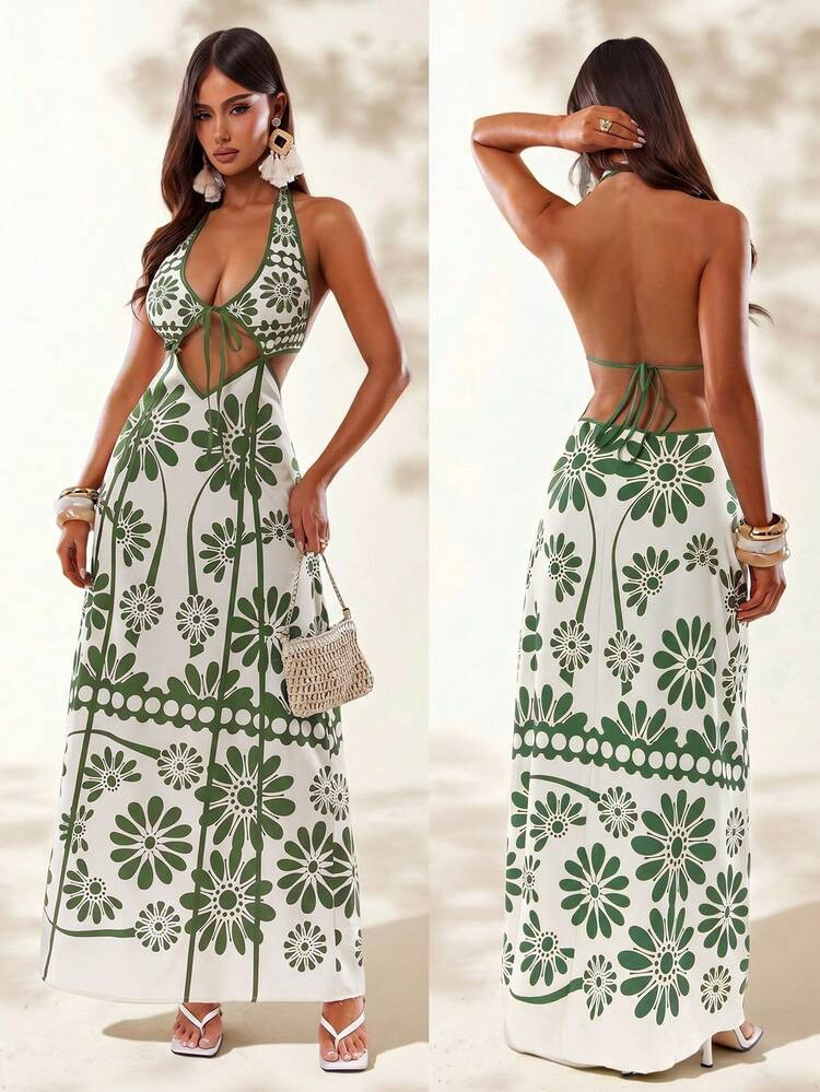 Radiana Women's White Floral Floral Floral Halter Neck Cut Out Backless Maxi Dress Perfect For Su... | SHEIN