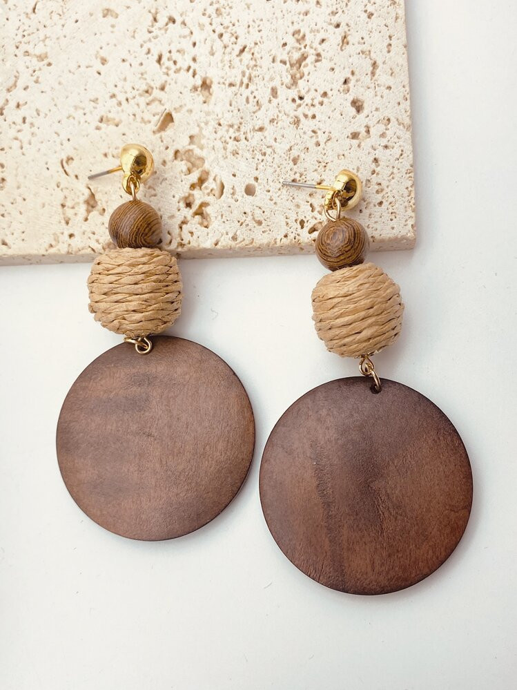 2pcs Brown Wood & Rattan Woven Bead & Disc Dangle Earrings | SHEIN