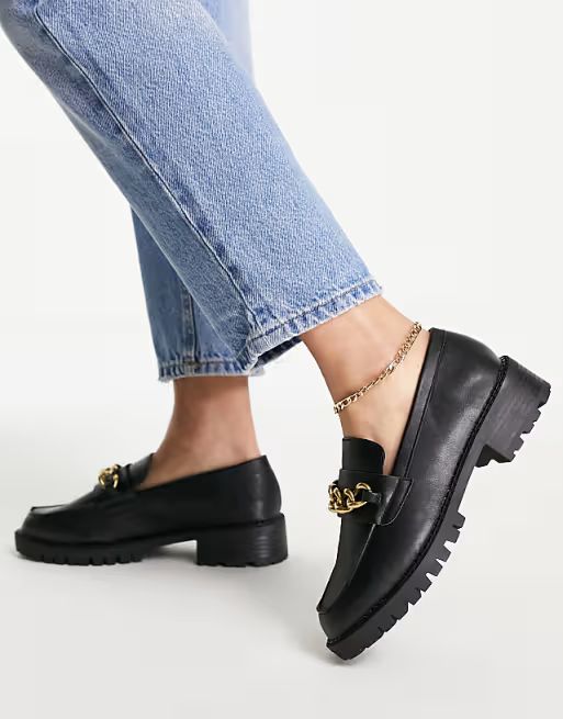 London Rebel wide fit chunky chain detail loafers in black | ASOS (Global)