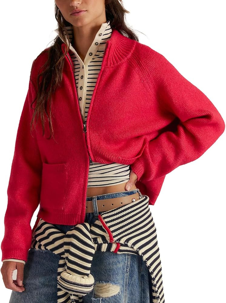 Haellun Zip Up Sweaters for Women Double Zipper Open Front Cardigan Sweater Ribbed Knit Coats wit... | Amazon (US)