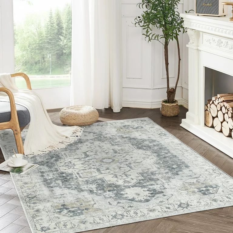 Jinchan Area Rug 3x5 Indoor Vintage Grey Print Carpet Distressed Chenille Thin Mat Foldable Non S... | Walmart (US)