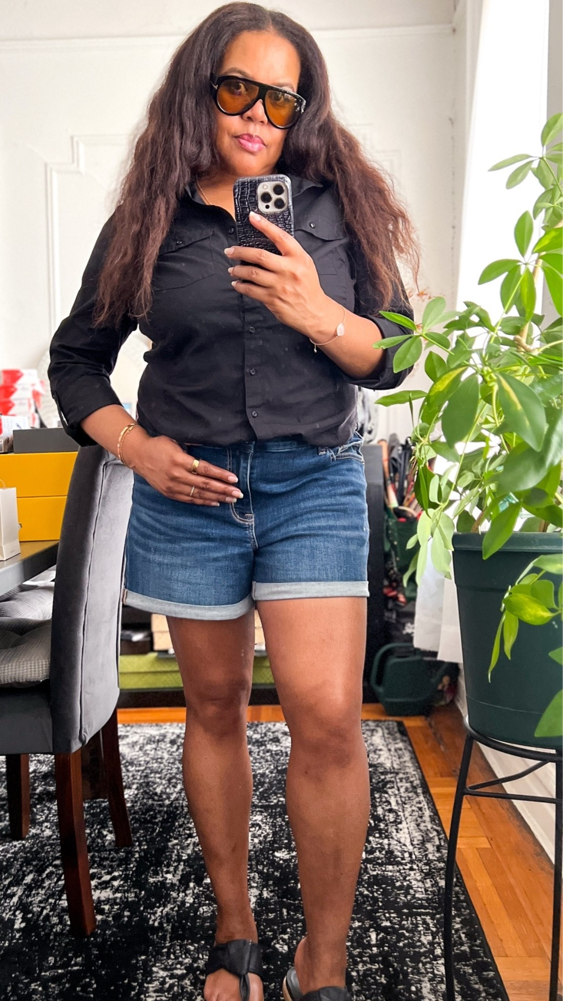 Very casual ootd. Denim shorts, black button down shirt, black sandals. Add a little jewelry for sparkle and we’re off! 

summer outfits over 40

#LTKootd #LTKOver40 #LTKMidsize