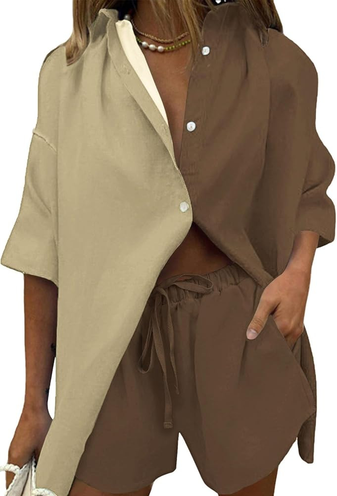 Fixmatti Women 2 Piece Outfit Summer Short Sleeve Top and Shorts Sweatsuit Set | Amazon (US)