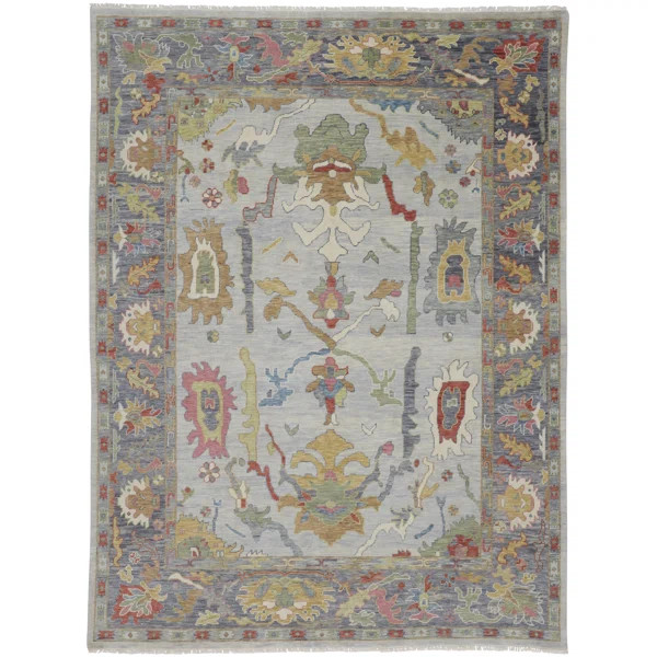 Karina Hand Knotted Wool Floral Area Rug in Blue/Gray/Rust/Gold | Perigold