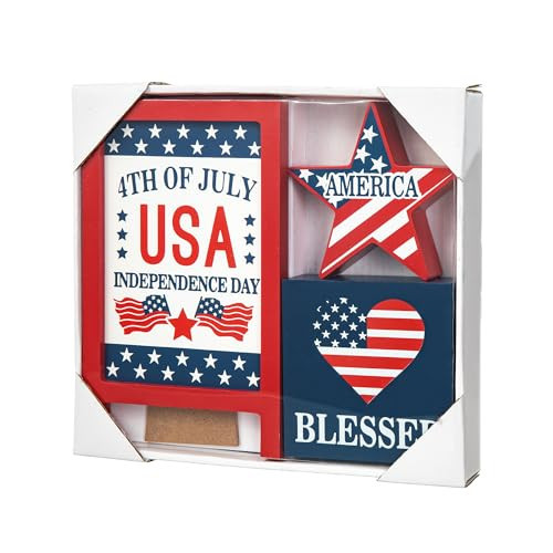 Glitzhome 3 Pcs 4th of July Table Decors Patriotic Tiered Tray Decors Memorial Day Americana Freestanding Wooden Block Table Signs | Amazon (US)