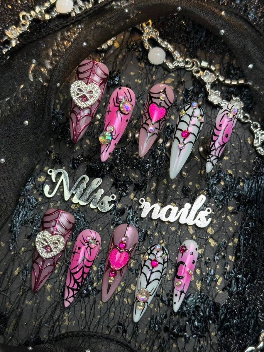 10pcs Handmade Fully Covered Stiletto Nails Press On Nails, Hot Pink Nails,Sweet Spooky Punk Styl... | SHEIN