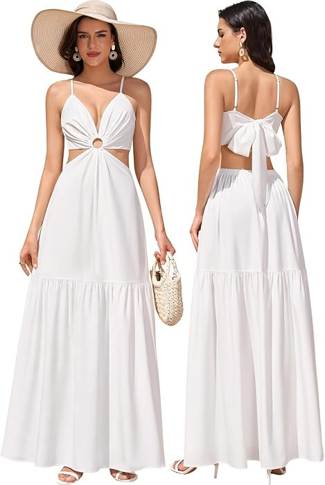 URYIAO Women's 2026 Summer Flowy Maxi Dress Floral Casual V Neck Cutout Sundress Tie Back Boho Be... | Amazon (US)