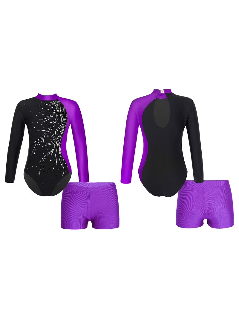 iiniim Girls Gymnastic Leotard Kids Rhinestone Long Sleeve Dance Unitard Biketards with Metallic ... | Walmart (US)