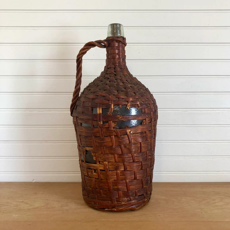 Vintage 14.5” dark chippy wicker wrapped clear glass demijohn | Etsy (US)