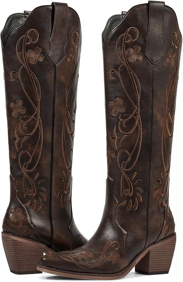 wetkiss Cowboy Boots for Women Knee High Cowgirl Boots, Western Boots with Floral Embroidered Poi... | Amazon (US)