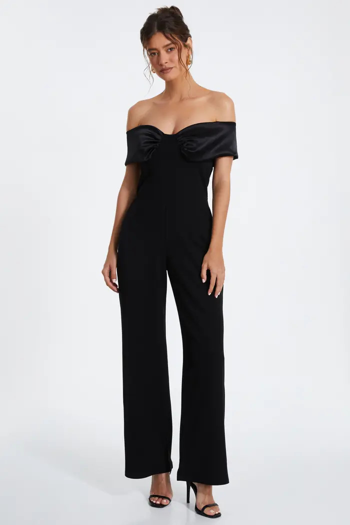 QUIZ Bardot Scuba Crepe Jumpsuit With Satin Trim | Nordstrom | Nordstrom