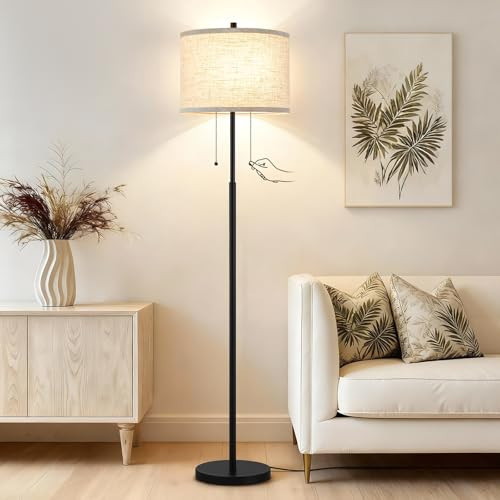 Luvkczc Floor Lamp, 62" Standing Lamp Tall Lamp with Fabric Lampshade&Pull Chain Corner Floor Lamps for Living Room, Bedroom,Office, 2 Bulb Socket | Amazon (US)