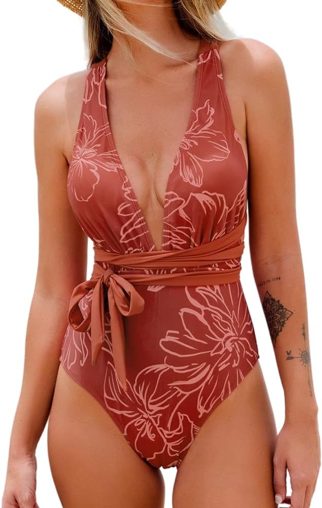 CUPSHE Women's One Piece Swimsuit Sexy Deep V Neck Bathing Suit Crisscross Back Self Tie | Amazon (US)