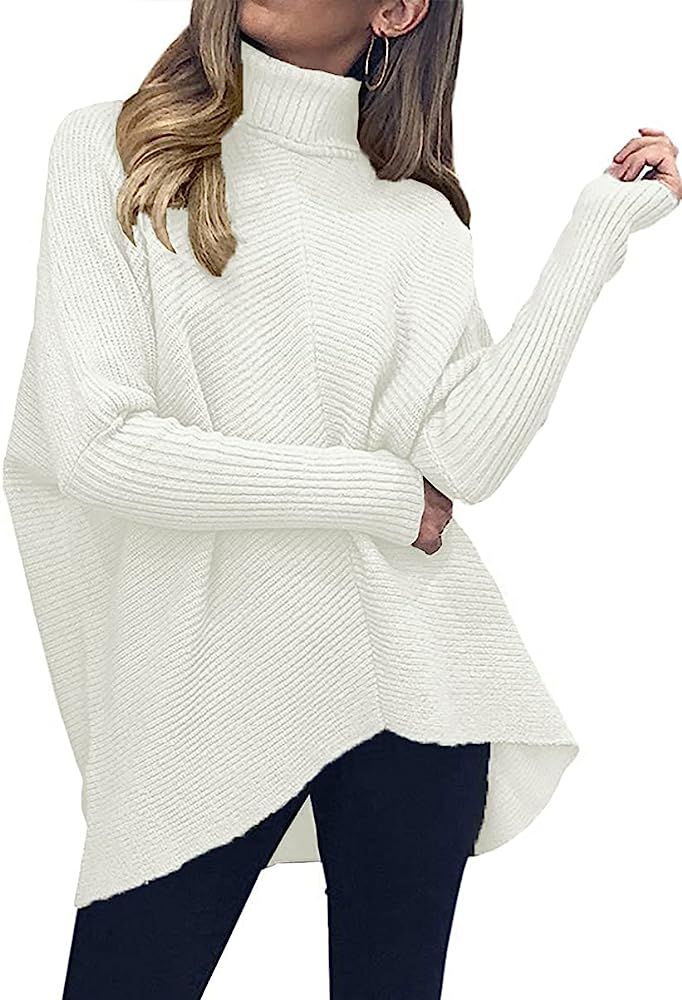 Caracilia Womens Turtleneck Long Sleeve Sweater High-Low Hem Casual Oversized White Sweater Knit ... | Amazon (US)