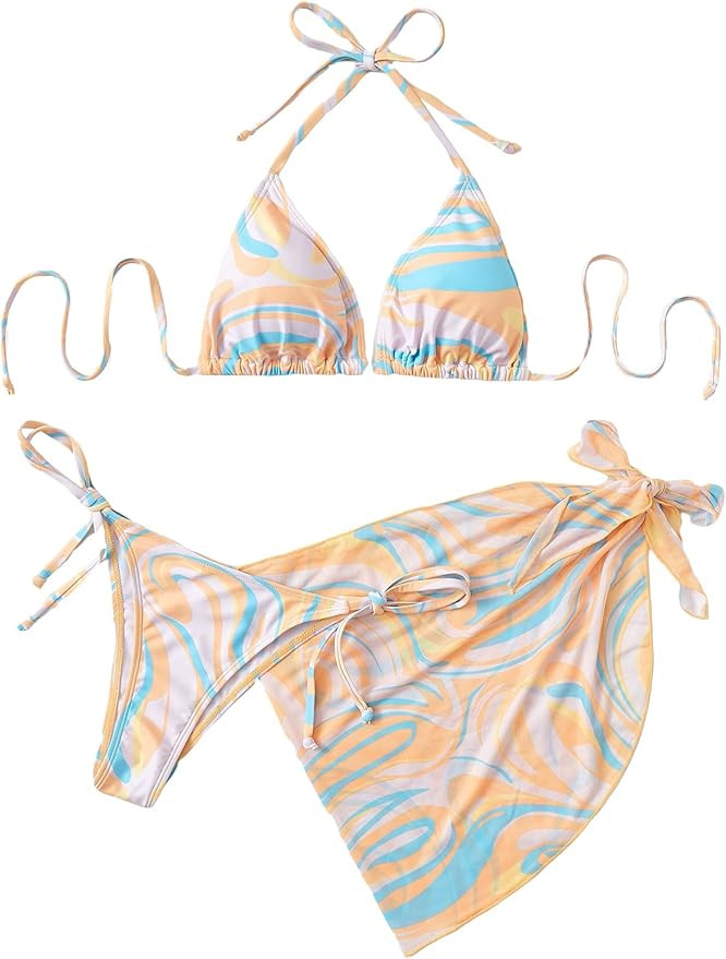 WDIRARA Women's All Over Marble Print Colorblock 3 Piece Swimsuit Halter Triangle Bikini Set with... | Amazon (US)