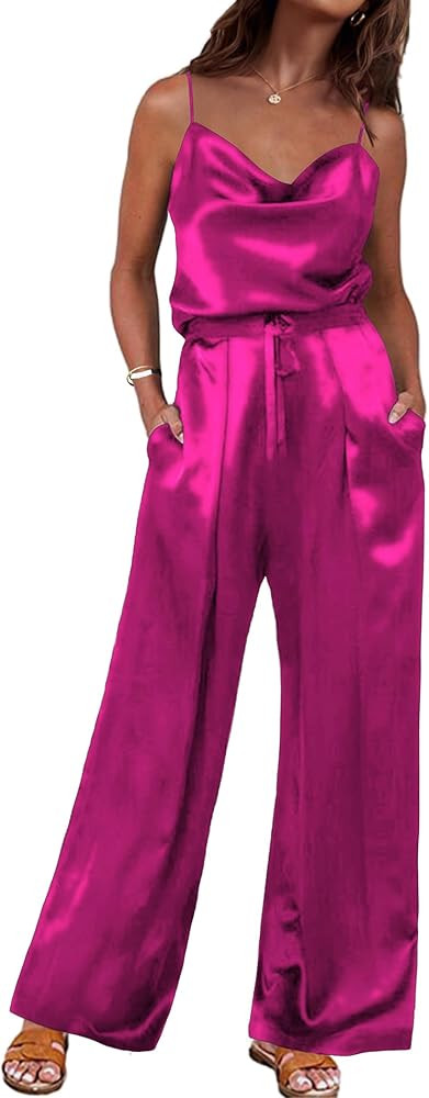 Ekouaer Pajamas for Women Silk Cowl Neck Cami Top Wide Leg Long Pants Set Satin Pjs Sleepwear 2 P... | Amazon (US)