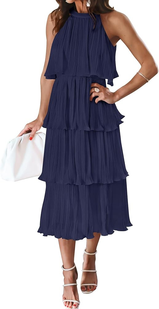 ZESICA Women's 2023 Summer Sleeveless Halter Neck Ruffle Tiered Layed Chiffon Flowy Swing Long Mi... | Amazon (US)