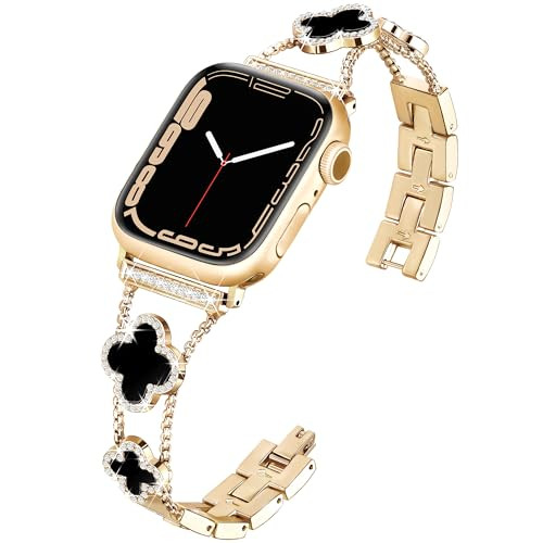 wipalor Four-leaf Clover Band Fit Gold Apple Watch Bands for Women 42mm 41mm 40mm 38mm, Thin iWatch Bands for Women, Metal Bling Cute Bands for Apple Watch Series 10 9 SE 8 7 6 5 4 3 2 1 Gold/Black | Amazon (US)