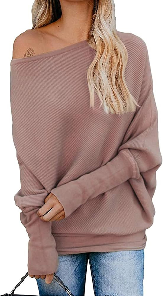 EXLURA Women's Off Shoulder Batwing Sleeve Ribbed Shirt Loose Pullover Tops | Amazon (US)