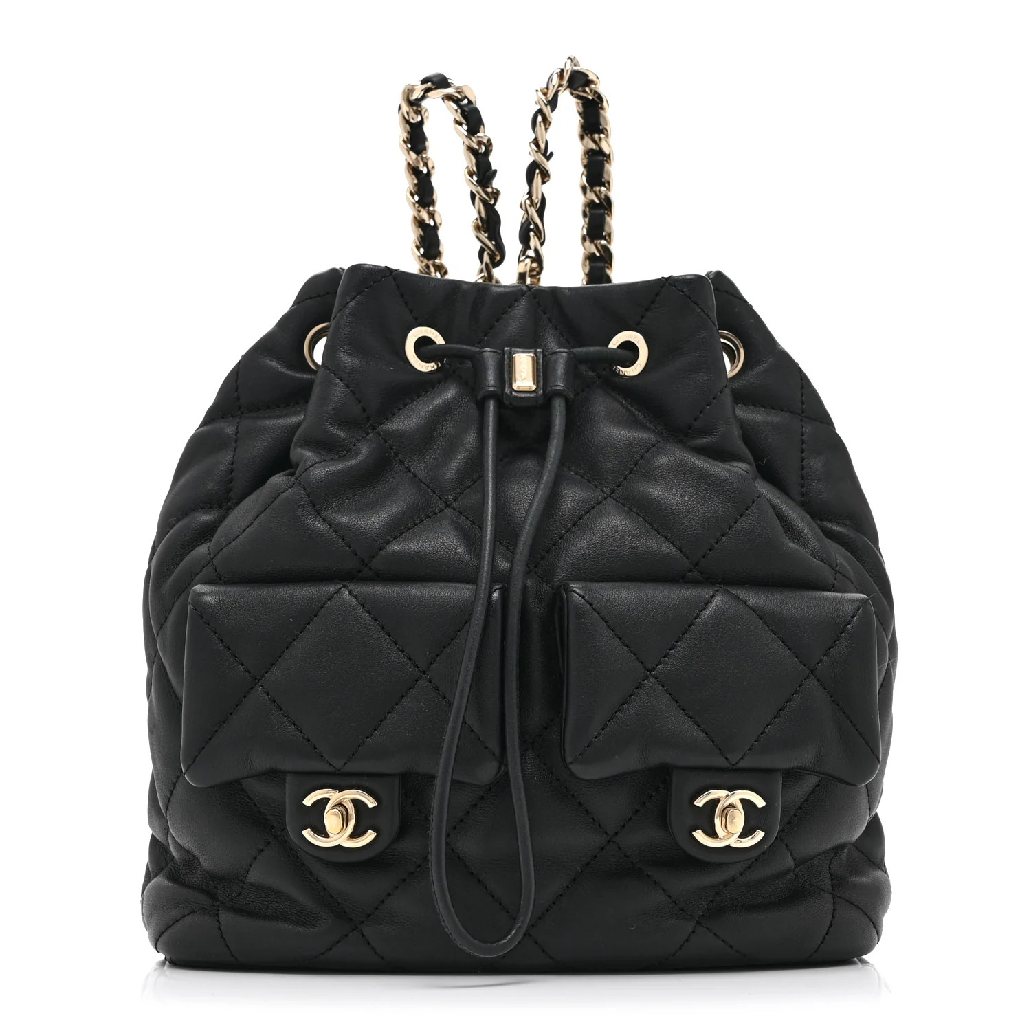 Chanel Lambskin Quilted Double Pocket Drawstring Backpack Black 1811804 | FASHIONPHILE (US)