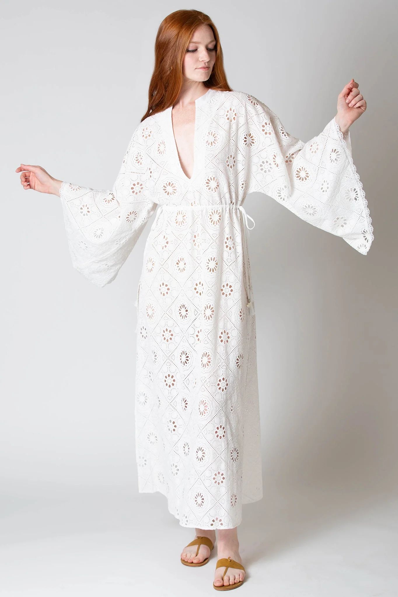 Ieva Diamond Eyelet Embroidered Caftan by Miguelina | Support HerStory