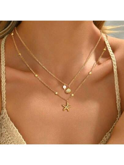 Women Multi-Layer Seashell, Starfish, Conch, Pearl Pendant Necklace, Adjustable Stainless Steel C... | SHEIN