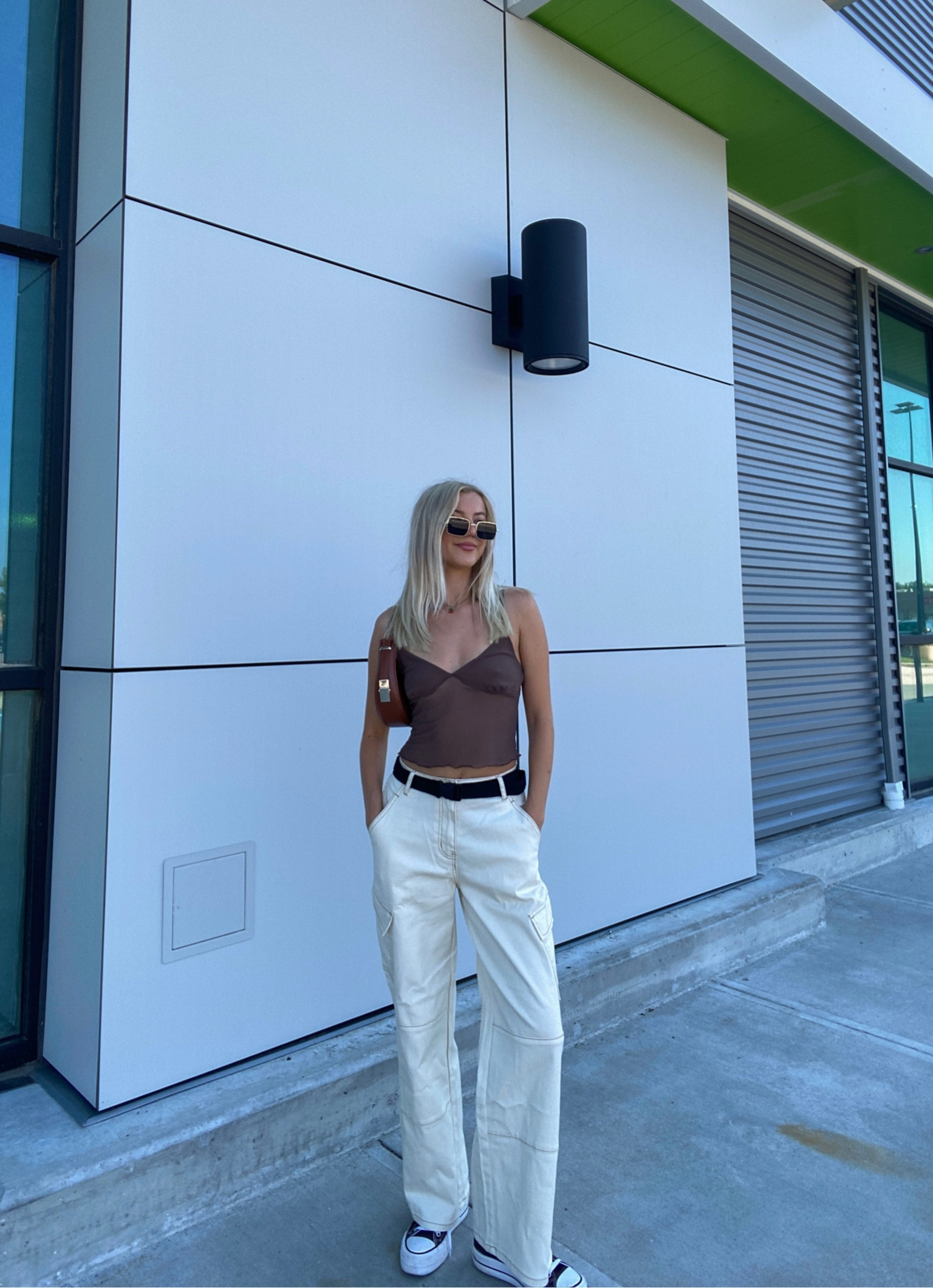 casual outfit, cream colored cargo pants, outfit of the day, ootd, street style, brown top, brown sheer top, fall outfit, end of summer outfit 

#LTKstyletip #LTKfindsunder100